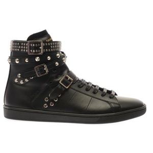 YSL Saint Laurent Black Studded Wolly High Top Leather Sneakers